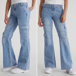 PacSun Light Blue Low Rise Cargo Flare Jeans Size 28 | 6 Y2K Grommet Pac Sun